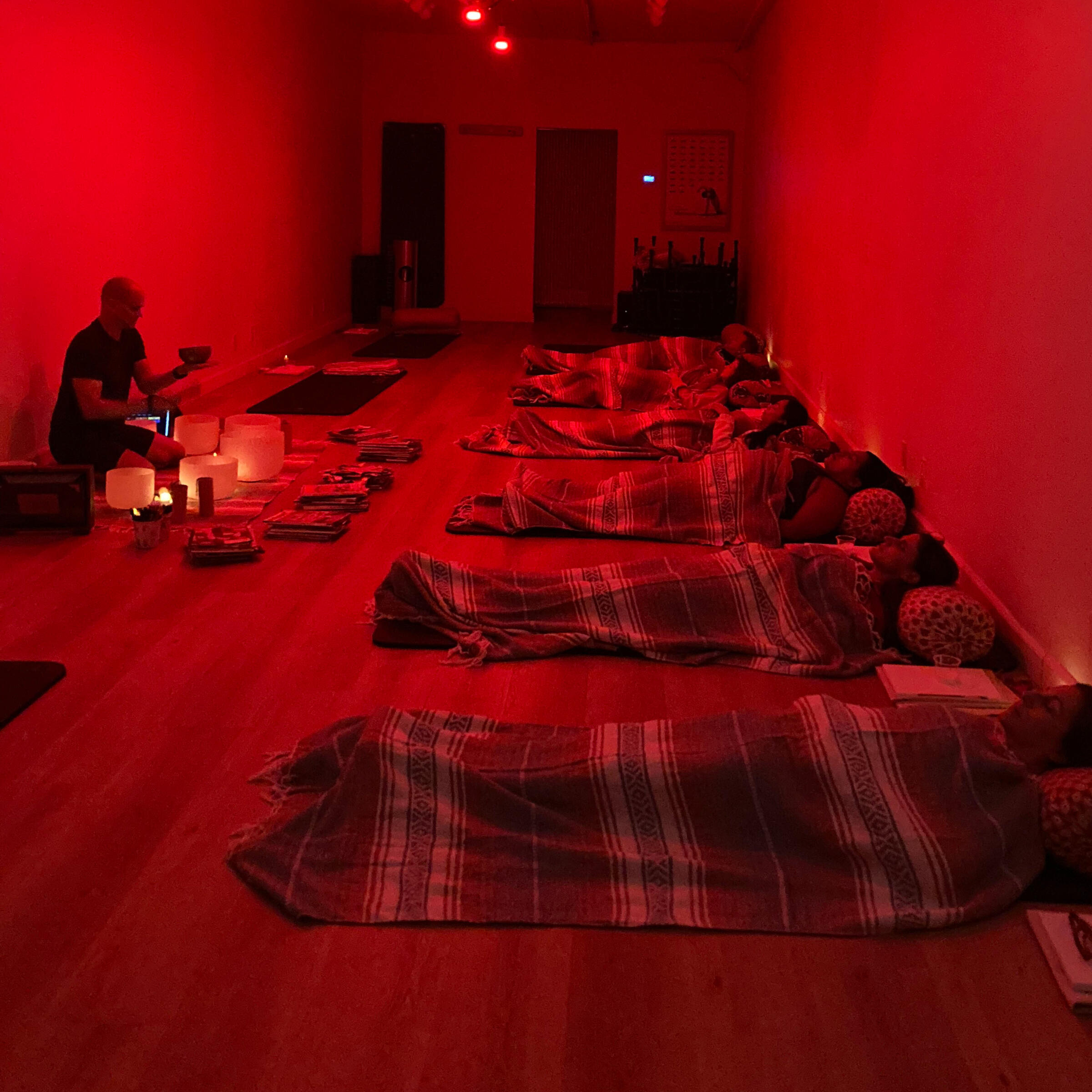 Harmony & Vision Soundbath in Burbank participants in the Harmony & Vision sound bath with art event proudly display their collage art